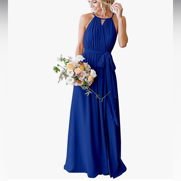 Dresses | Halter Pleated Chiffon Long Royal Blue Formal Dress | Poshmark